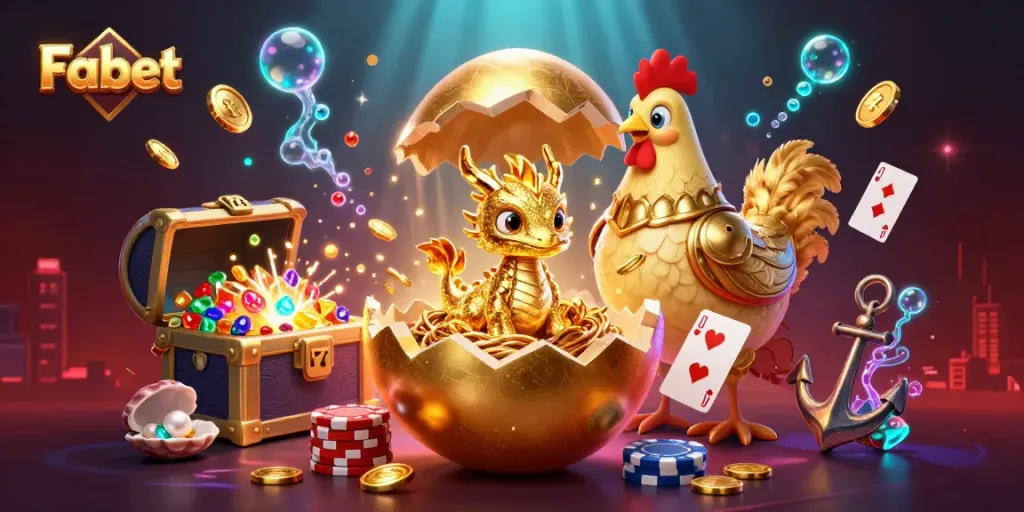 Fabet showcases a golden egg and dragon amid colorful gems, poker chips, and jackpot elements.