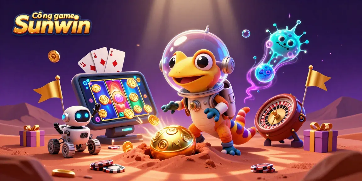 Cổng game Sunwin featuring a Martian gecko discovering a golden casino with vibrant games and rewards