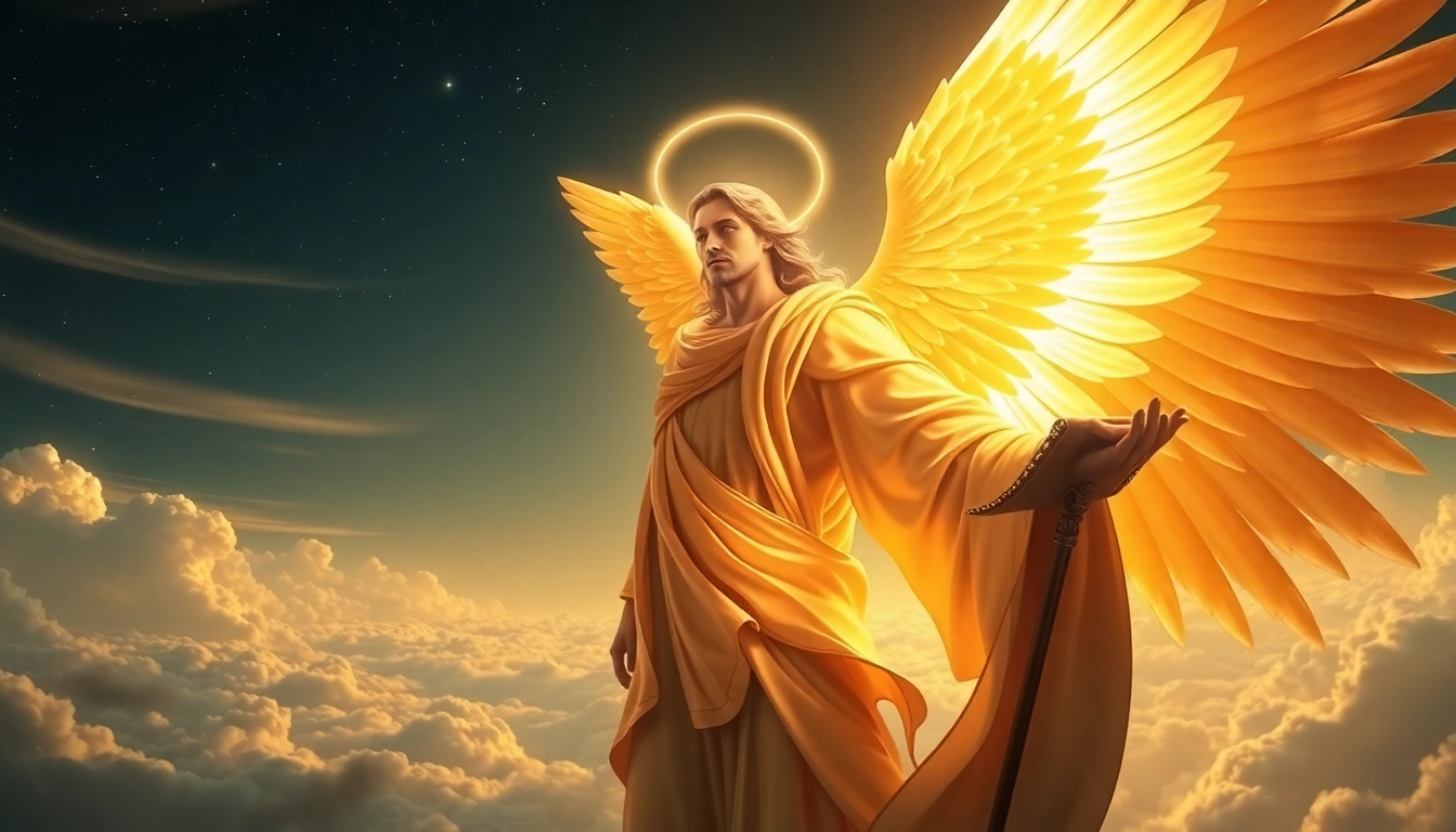 Erzengel Uriel repräsentiert, leuchtend mit goldenen Roben und strahlenden Flügeln.