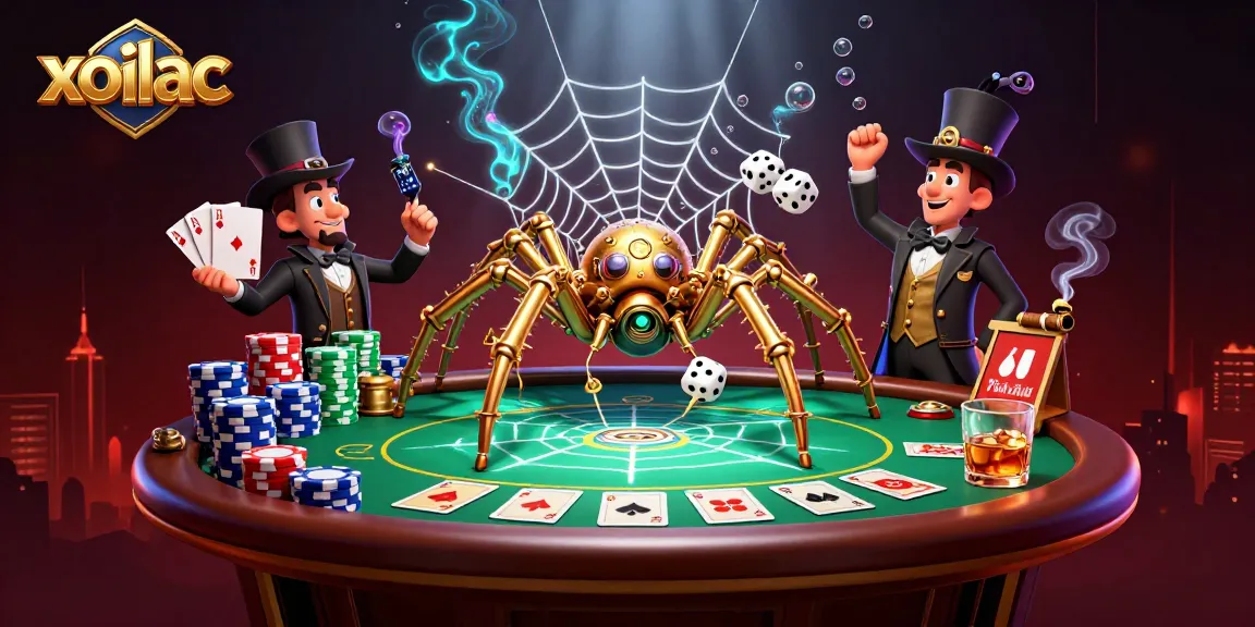 Experience the thrill of gambling with xoilac's vibrant 3D steampunk illustration showcasing poker and whimsical characters.