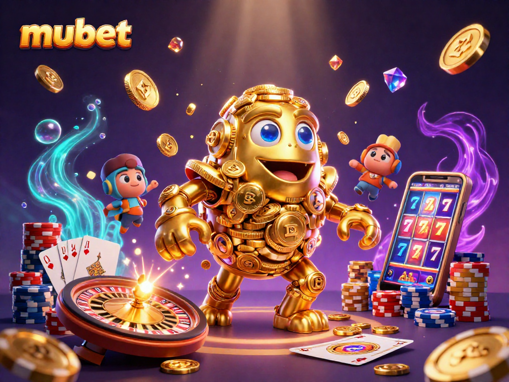 Experience the excitement of mubet with vibrant casino elements and animated gold coins.