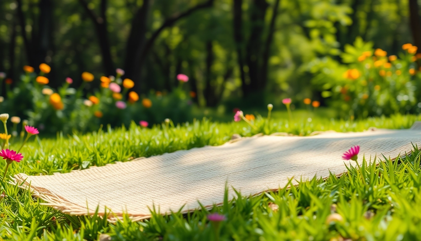 Hanfmatte auf einer natürlichen Wiese mit Blumen, die ihre umweltfreundlichen Eigenschaften zeigen.