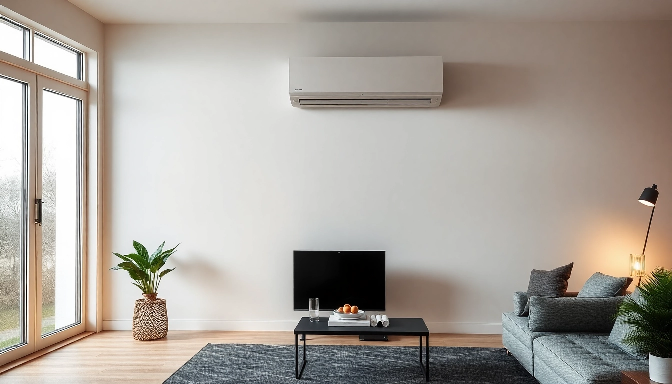 Klimaanlage in einem modernen Wohnzimmer, das stilvoll und einladend aussieht.