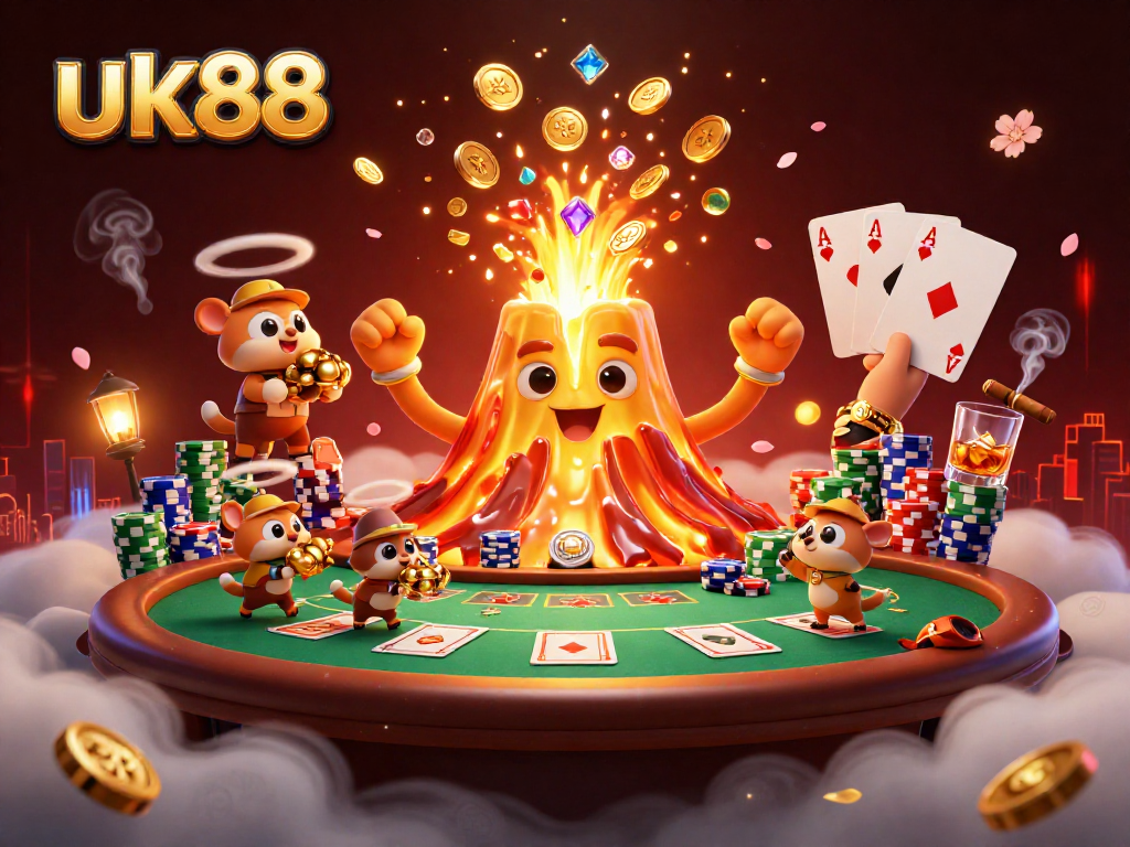 Experience thrilling gameplay at uk88 with golden volcano, poker elements, and treasure adventure.