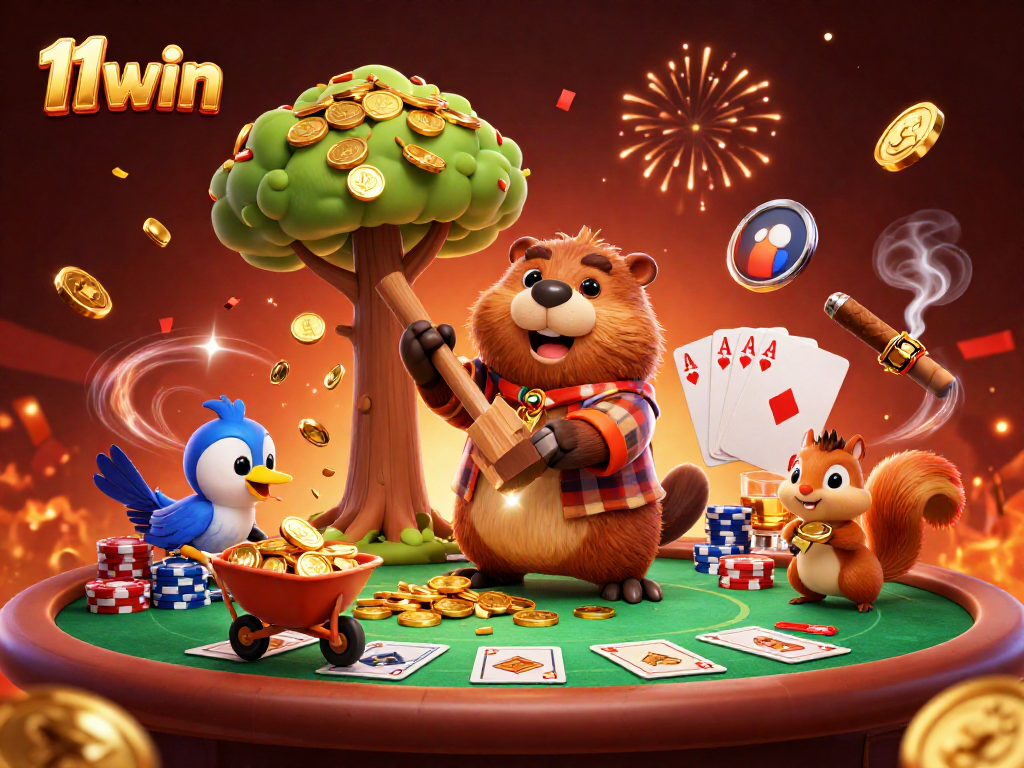 11win invites players to enjoy a lively cartoon scene of gambling excitement with beavers and poker elements.