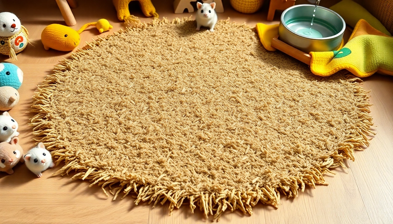 Hanfmatte für Kleintiere auf einem Holzuntergrund mit Spielzeug und Wassernapf.