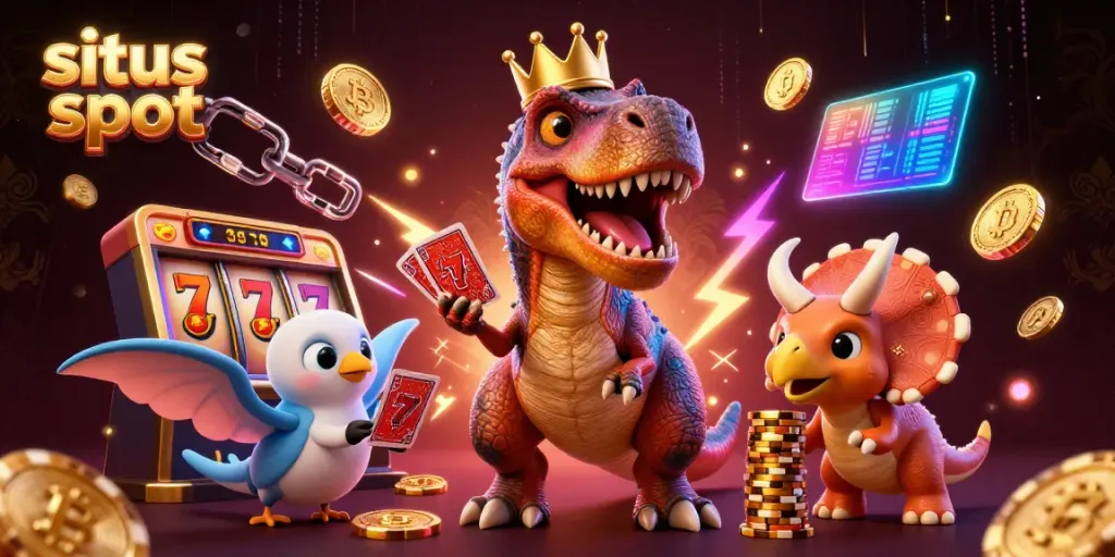 Engage in thrilling gameplay action at situs slot with friendly dinosaur characters and vibrant game elements.