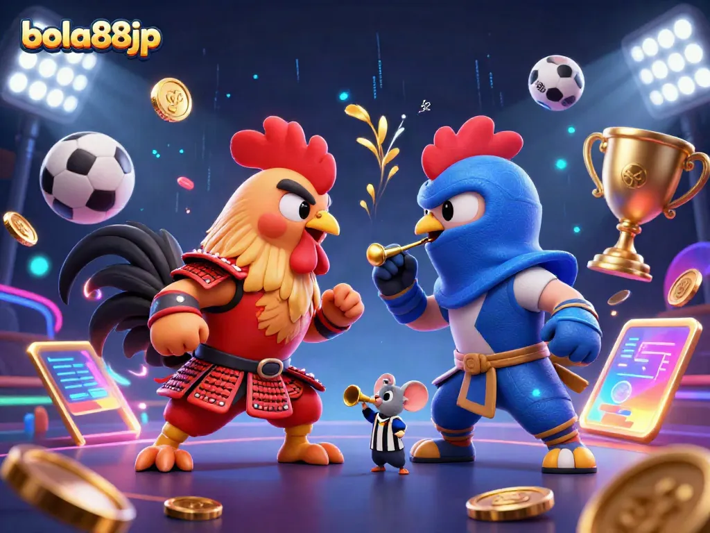 Engage in thrilling action with bola88jp, showcasing fighting roosters in a dynamic sports setting.