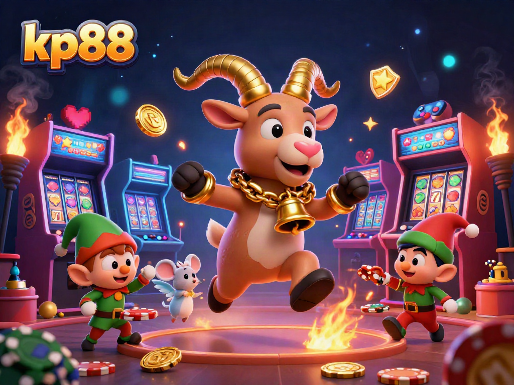 Engage in kp88 gaming excitement with a vibrant casino scene showcasing festive characters and playful interactions.