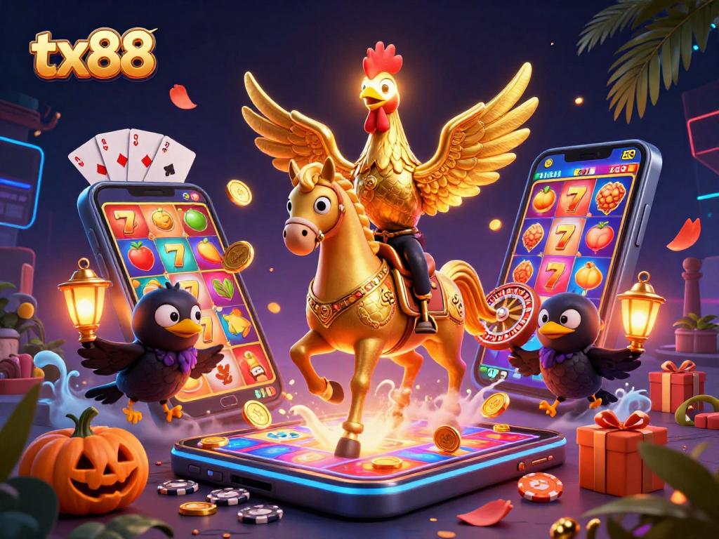 Experience thrilling gameplay at tx88 with a golden rooster mascot amidst a vibrant casino scene.