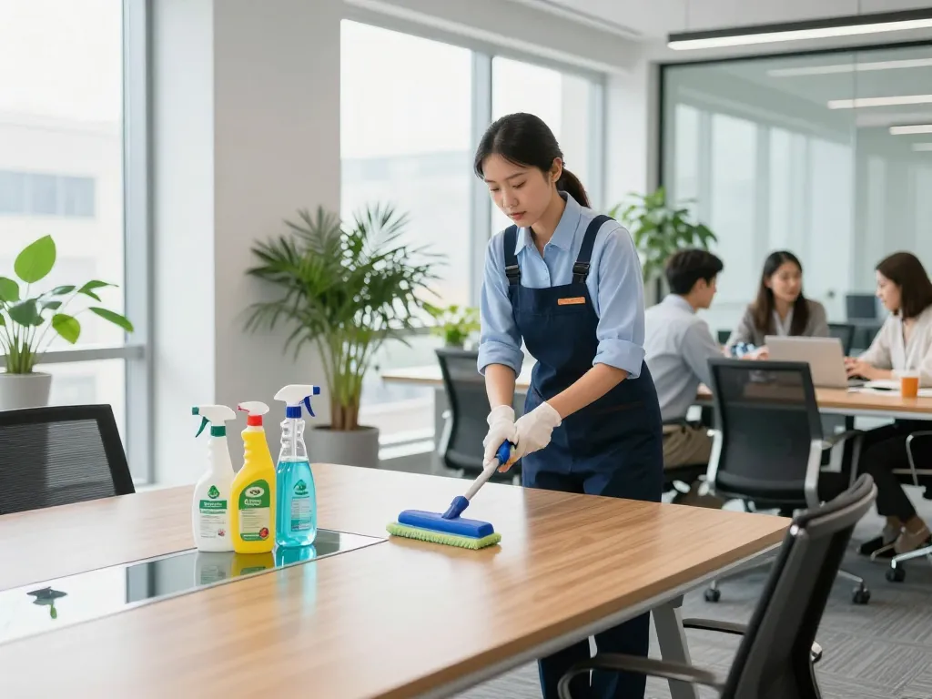 Büroreinigung in Münster mit professionellem Abstauben von Oberflächen, das einen makellosen Arbeitsplatz und umweltfreundliche Produkte zeigt.