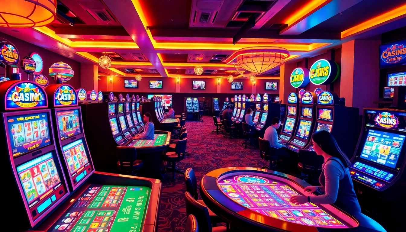 Players immersed in thrilling games at casinos ohne lizenz, showcasing vibrant slot machines and tables.