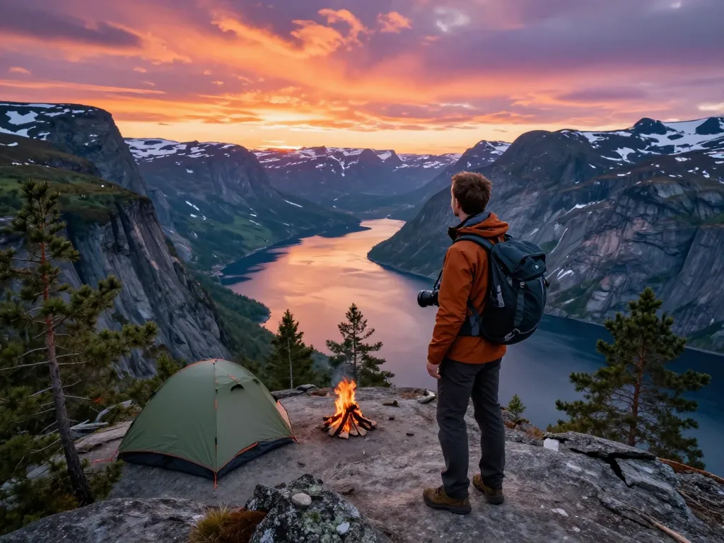Skandinavien Reisetipps - Abenteurer, der auf malerische Fjorde bei Sonnenuntergang schaut und das Wesen der nordischen Landschaften und Reiseabenteuer einfängt.