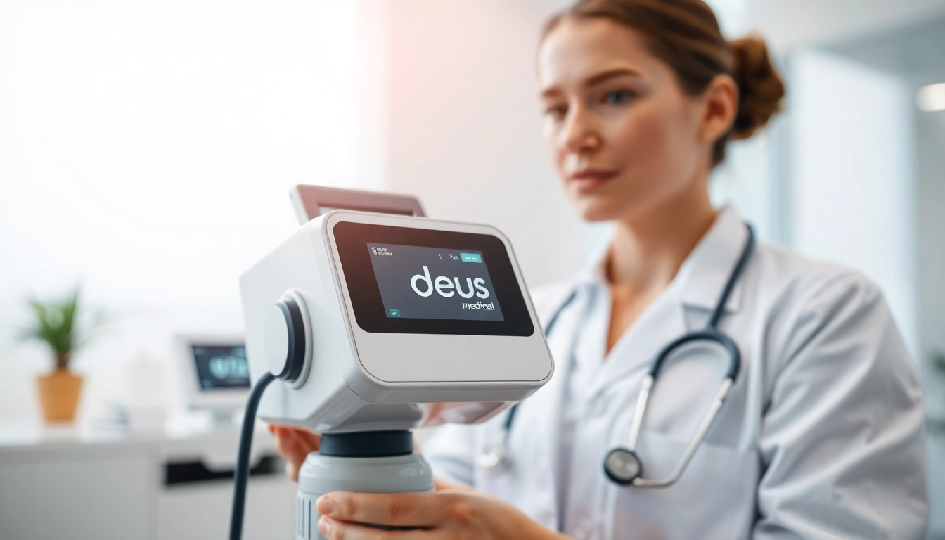 Innovatives Medizintechnikgerät von deus medical in einer modernen Klinik Präsentation.