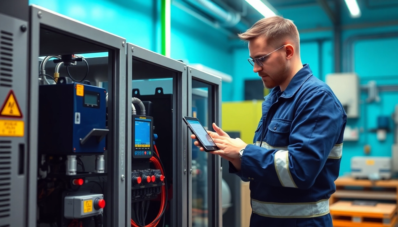 Technician performing a DGUV V3 Prüfung for electrical safety compliance in a workshop environment.