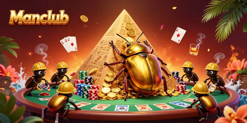 Engage with Manclub's stunning 3D scene featuring golden beetles, poker elements, and a vibrant casino backdrop.