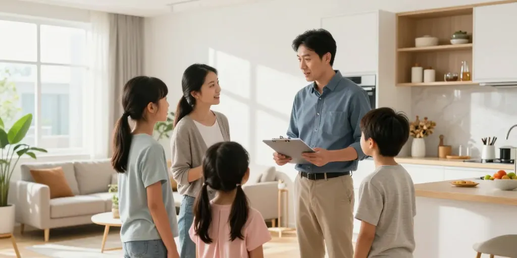 Bester Immobilienmakler Frankfurt zeigt einer Familie eine moderne Wohnung mit hellen Räumen und stilvollem Design.