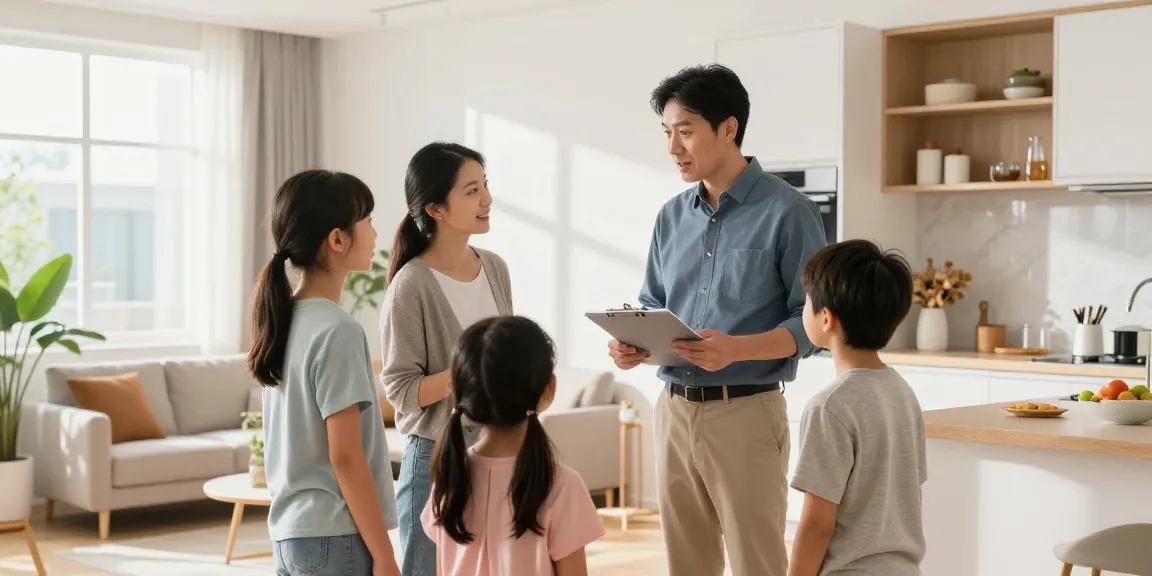 Bester Immobilienmakler Frankfurt zeigt einer Familie eine moderne Wohnung mit hellen Räumen und stilvollem Design.