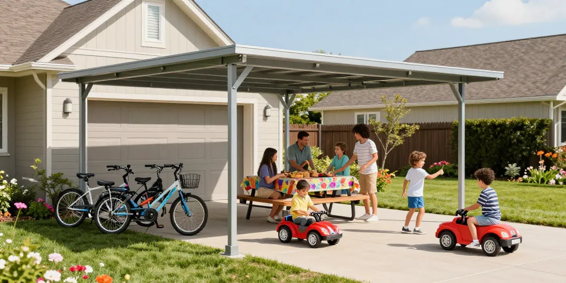 Familie genießt Zeit unter einem Carport in einem sonnigen Vorort, ideal für Fahrzeuge und Freizeit.