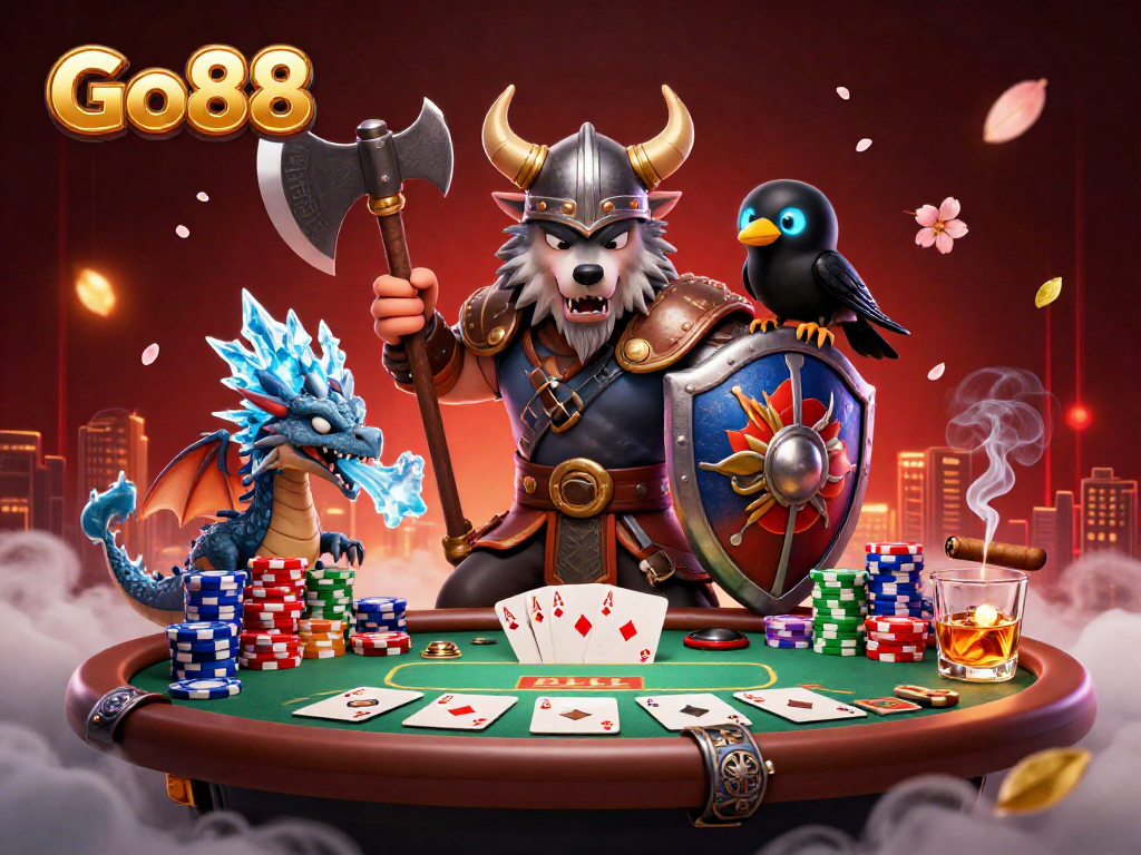 Experience Go88's vibrant 3D casino atmosphere with engaged characters and poker elements.
