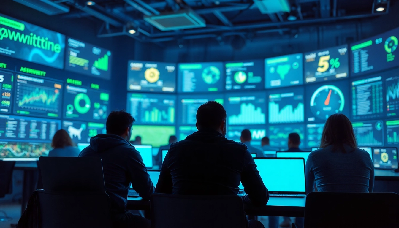 Verfolgen Sie spannende legale online sportwetten in einem modernen Wettbüro mit Laptops und Statistiken.