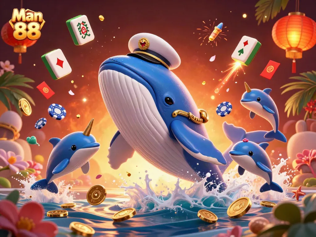 Bets on Man 88 come alive with a vibrant 3D illustration featuring a whale, narwhal, and playful dolphins.
