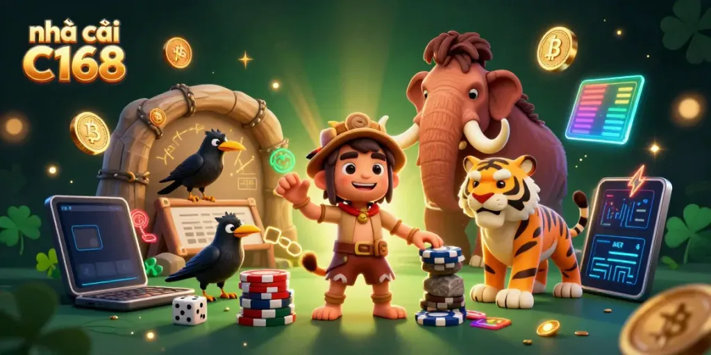 Experience excitement at nhà cái C168 with a dynamic prehistoric casino scene featuring unique characters and vibrant game elements.