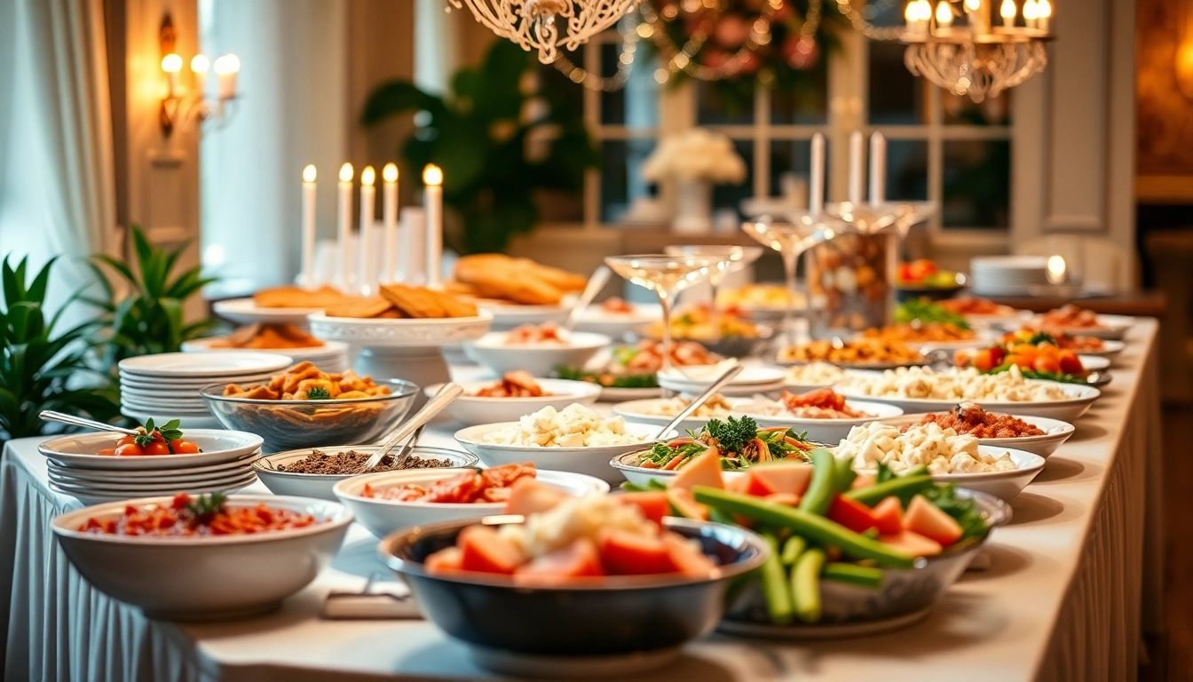 Showcase a vibrant partyservice buffet with diverse dishes, perfect for festive occasions.