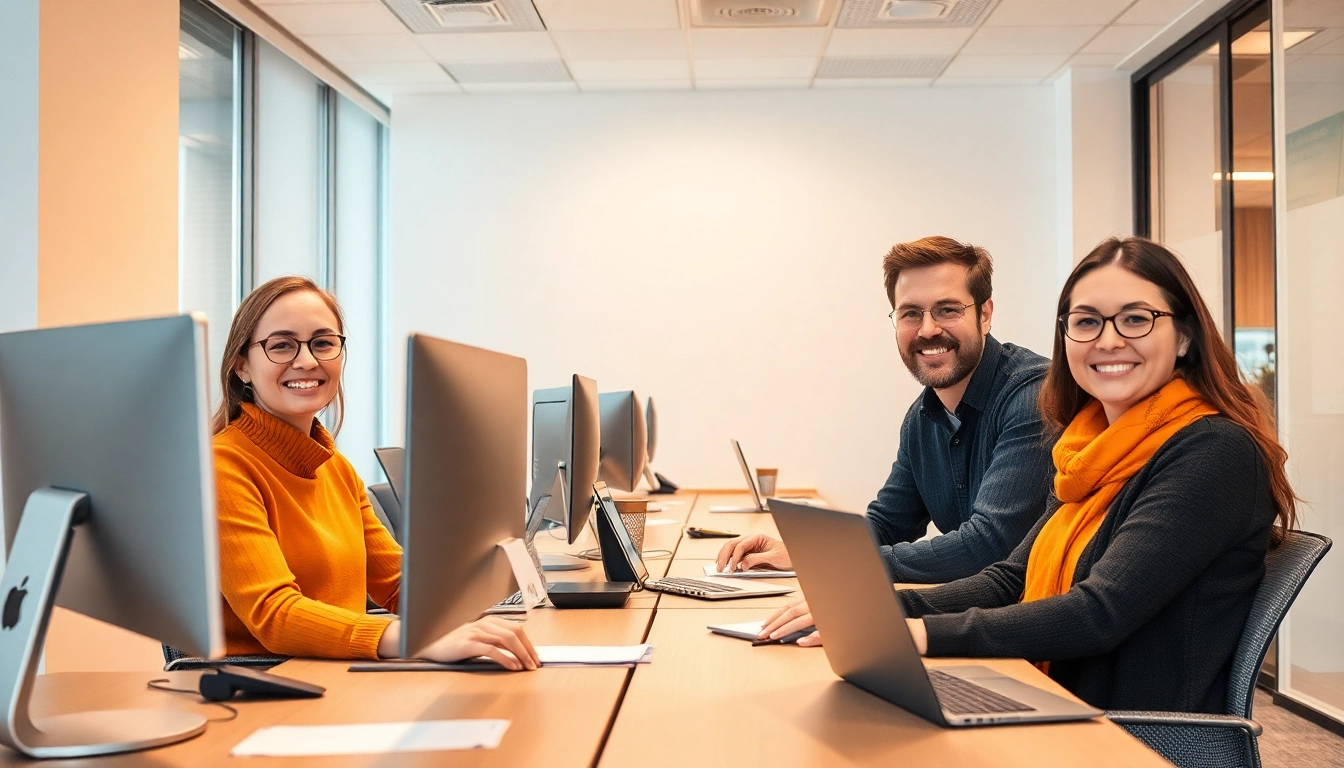 Begeisterte Arbeitssuchende auf der Suche nach Stellenangeboten in einem modernen Büro.