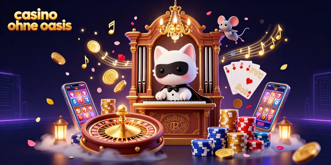 Experience casino ohne oasis with lively characters at an ornate organ amidst flying coins and playing cards.