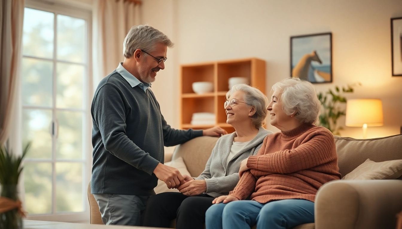 Pflegedienst fördert eine herzliche Atmosphäre der Unterstützung zwischen älteren Menschen und Pflegekräften in einem hellen Raum.