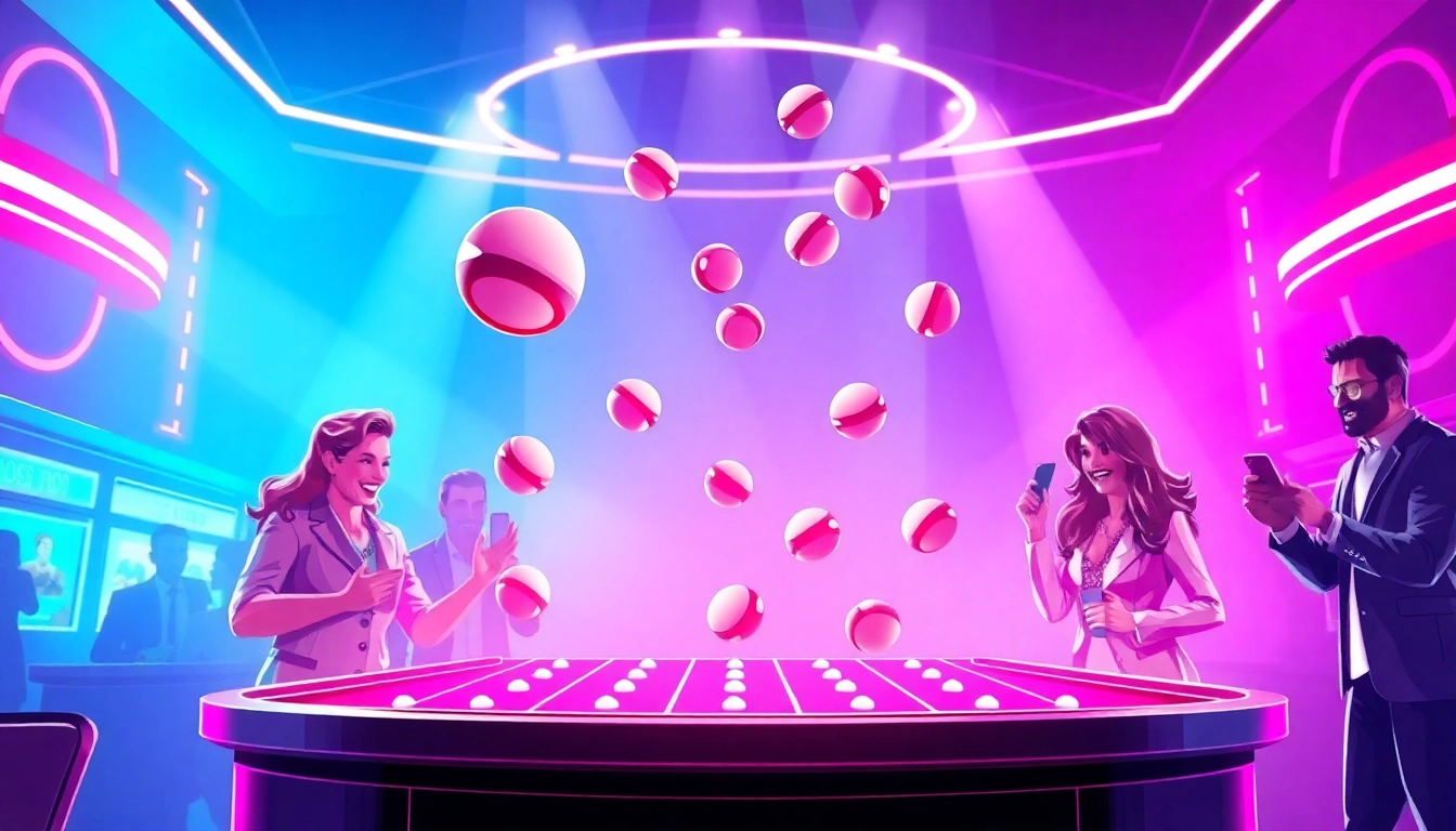 Entdecken Sie die aufregende Welt des Plinko Casinos mit einem stilisierten Spielbrett und glücklichen Spielern, die Wetten platzieren.