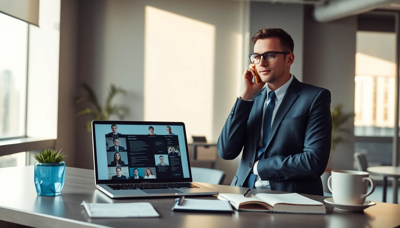 Headhunter engaged in a professional recruitment call in a modern office setting.