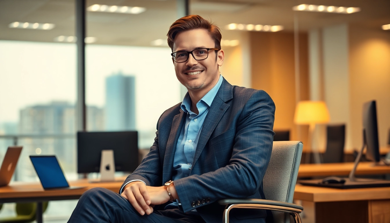 Headhunter Bochum im modernen Büro, lächelnd und professionell, umgeben von Akten und Technologien.