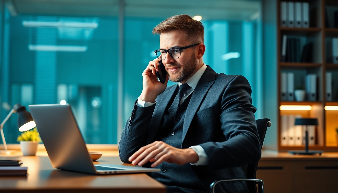 Headhunter spricht am Telefon und arbeitet am Laptop in stilvollem Büro.
