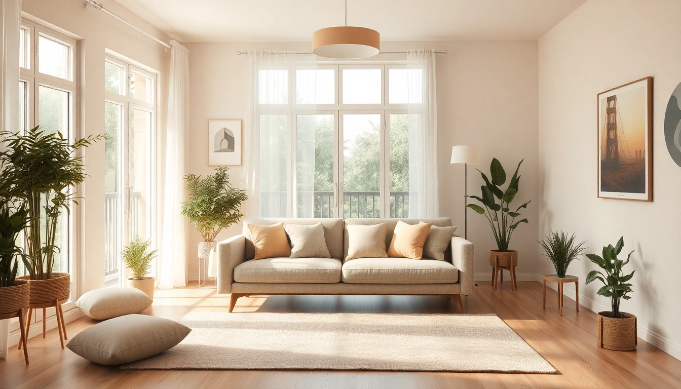Raumgestaltung eines modernen und einladenden Wohnzimmers mit gemütlichem Sofa und Pflanzen.