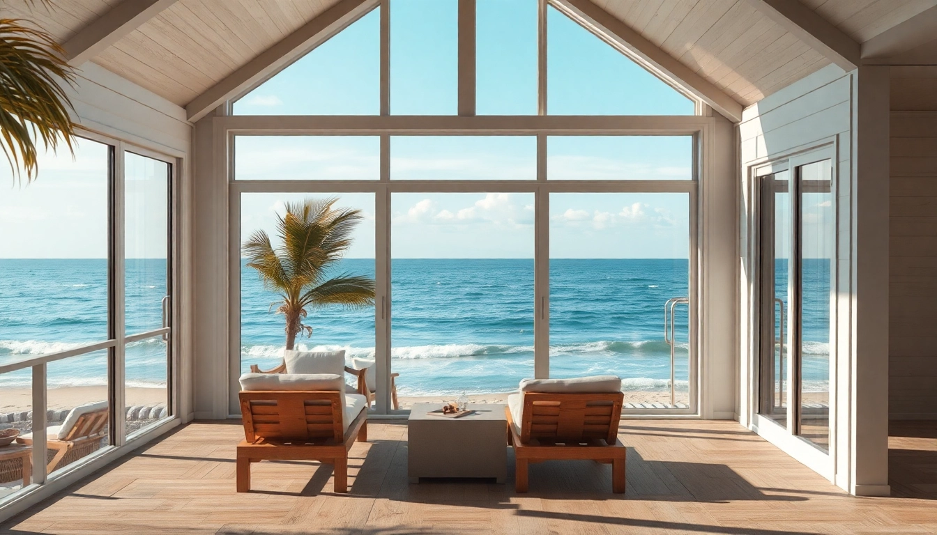 Genießen Sie den Blick von der Küstenkabine auf den Ozean bei Sonnenuntergang. Stilvolle Terrassenmöbel und Palmen schaffen eine entspannte Atmosphäre.