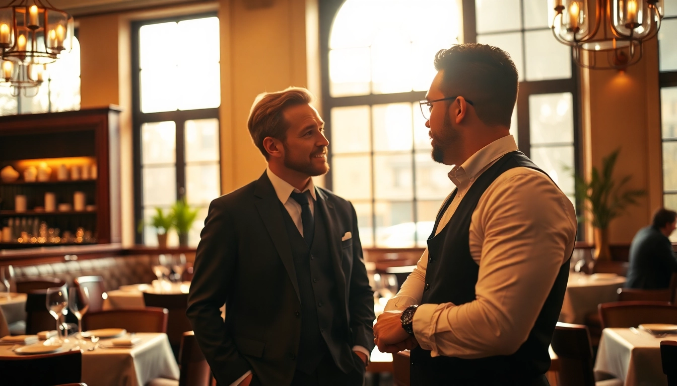 Headhunter Gastronomie diskutiert mit einem Fachmann in einem eleganten Restaurant, unterstrichen von warmen Lichttönen und stilvollem Ambiente.