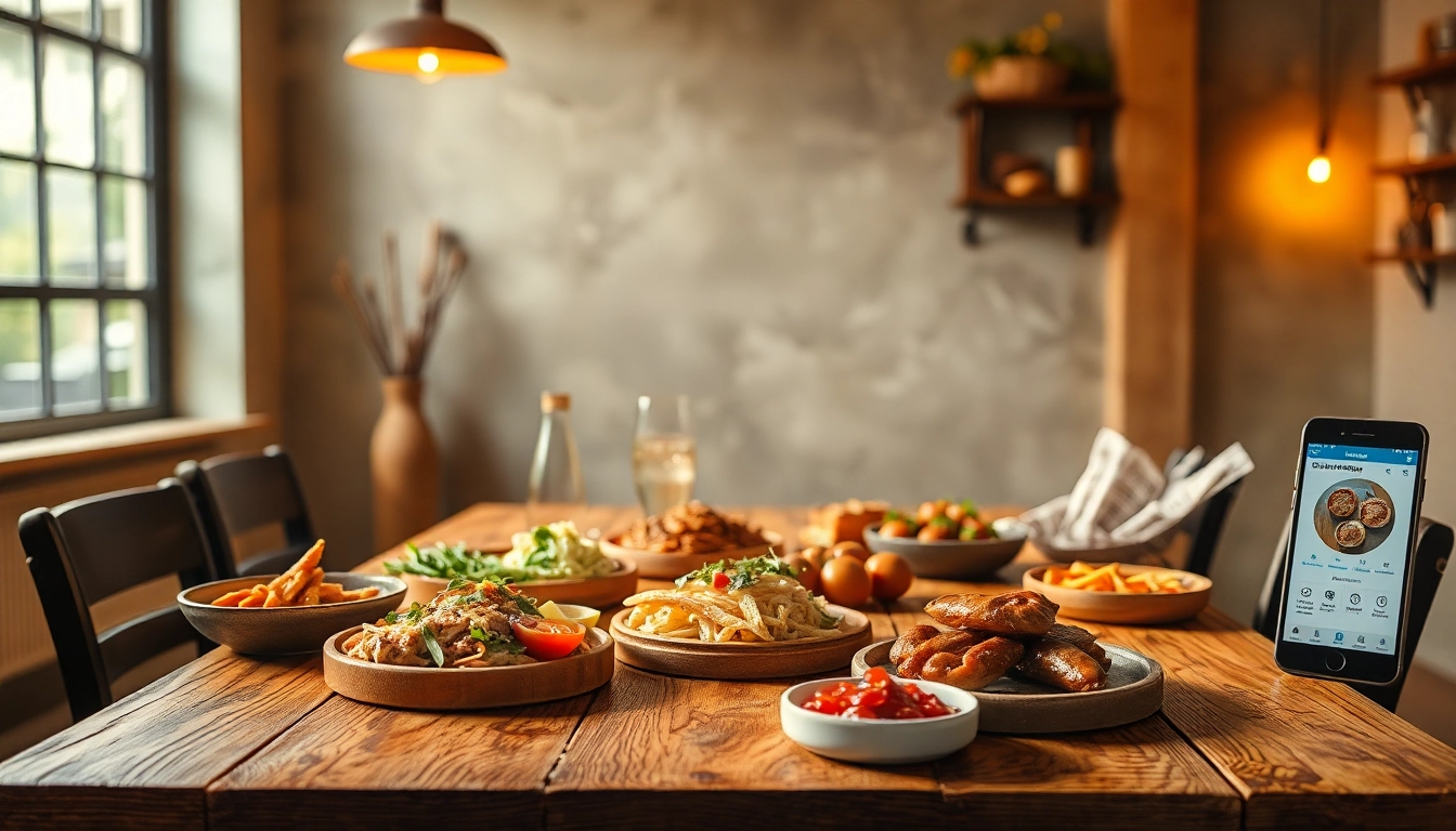 Essen bestellen online: Attraktive Auswahl internationaler Gerichte auf einem rustikalen Tisch