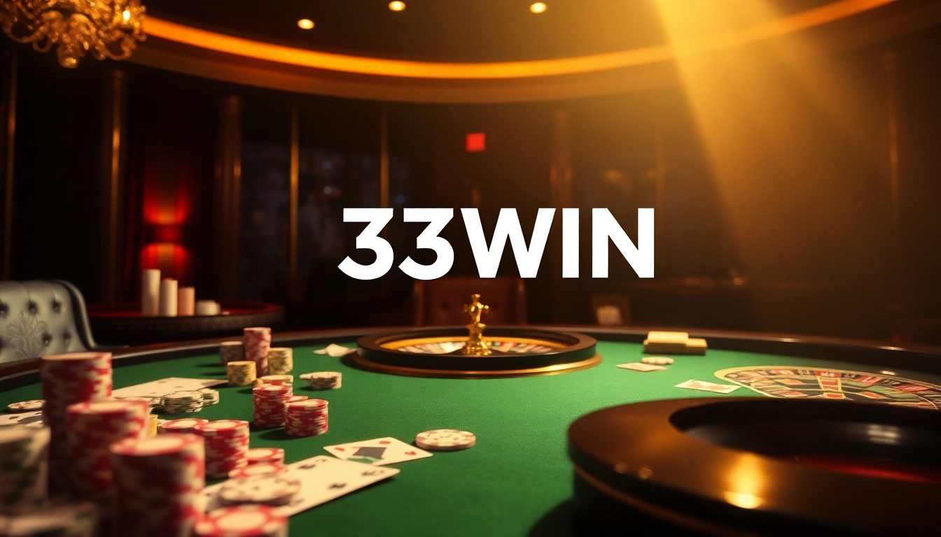 33WIN poker table showcasing vibrant chips and cards in a luxurious casino atmosphere.