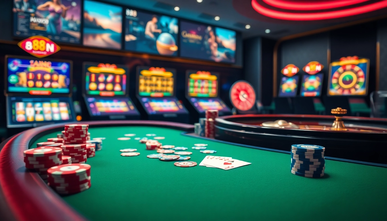 Experience the thrill of 88i nhà cái as vibrant poker chips and cards adorn an upscale casino table.