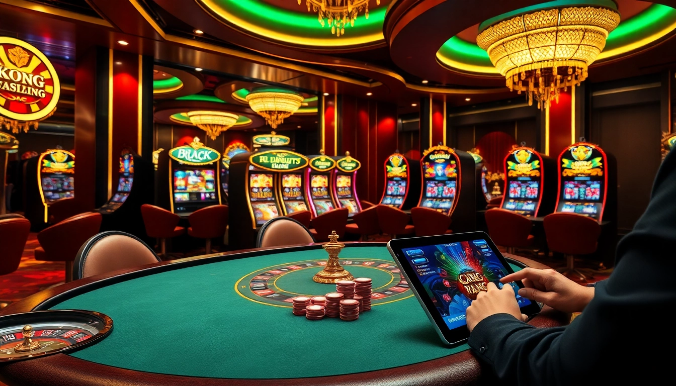 Engage with thrilling games at gamebaidoithuong.trading in a luxurious casino atmosphere featuring poker tables, slots, and roulette.