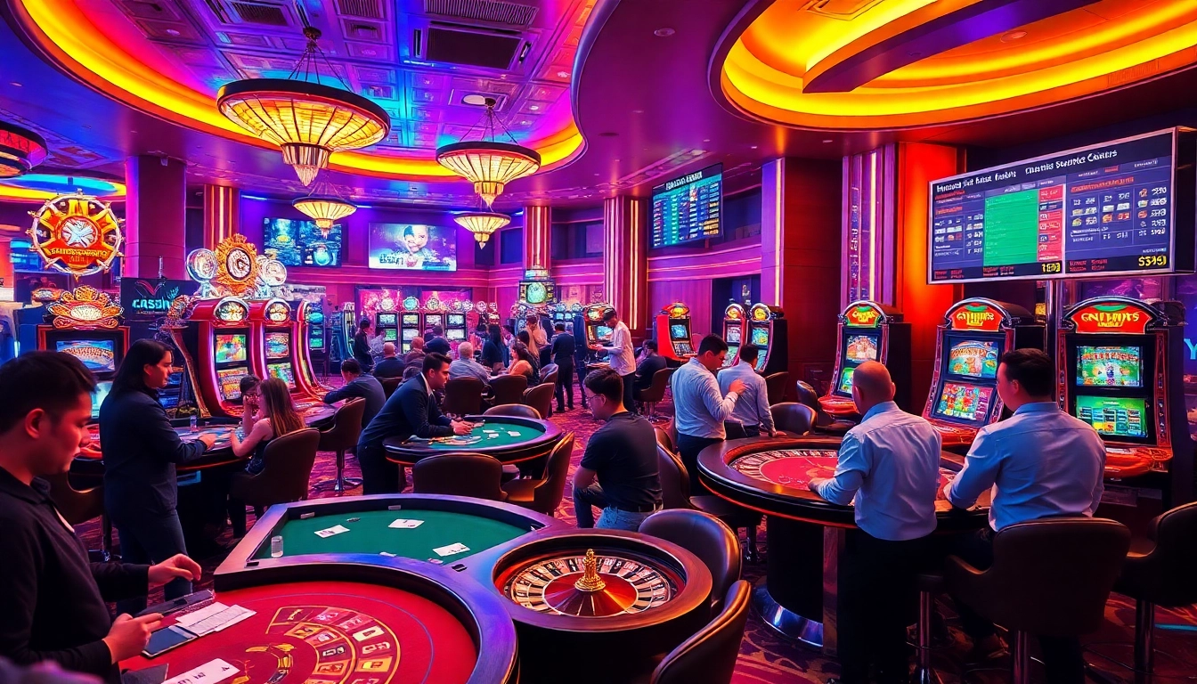 Gamblers enjoying gaming at https://x88casino.net/ with vibrant slot machines and card tables.