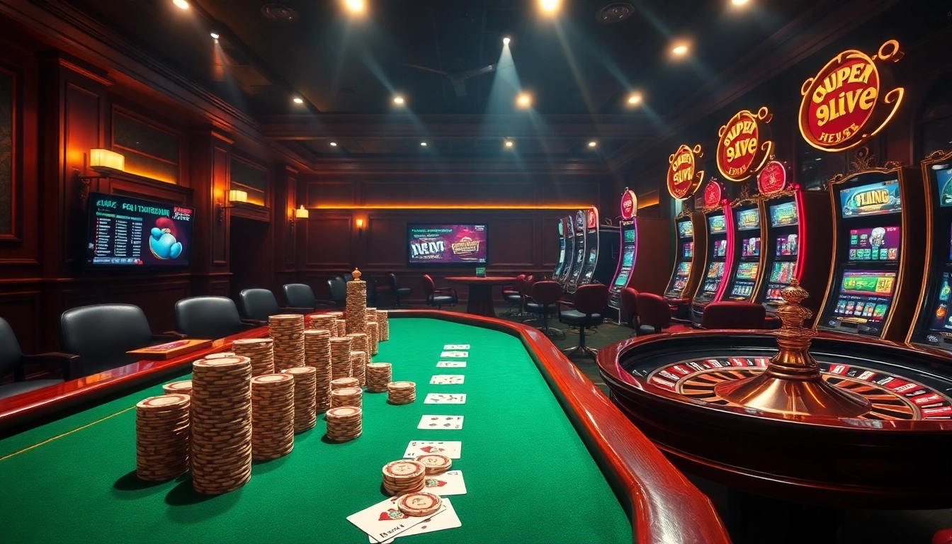 Bancadoithuong.futbol showcases an elegant casino scene with high-stakes poker tables and vibrant slot machines.