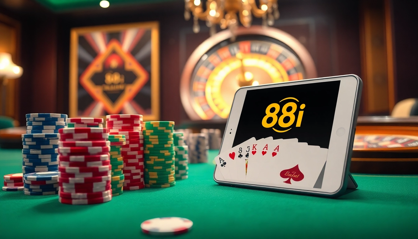 Exciting gaming action at 88i nhà cái casino with roulette wheel and vibrant poker chips.