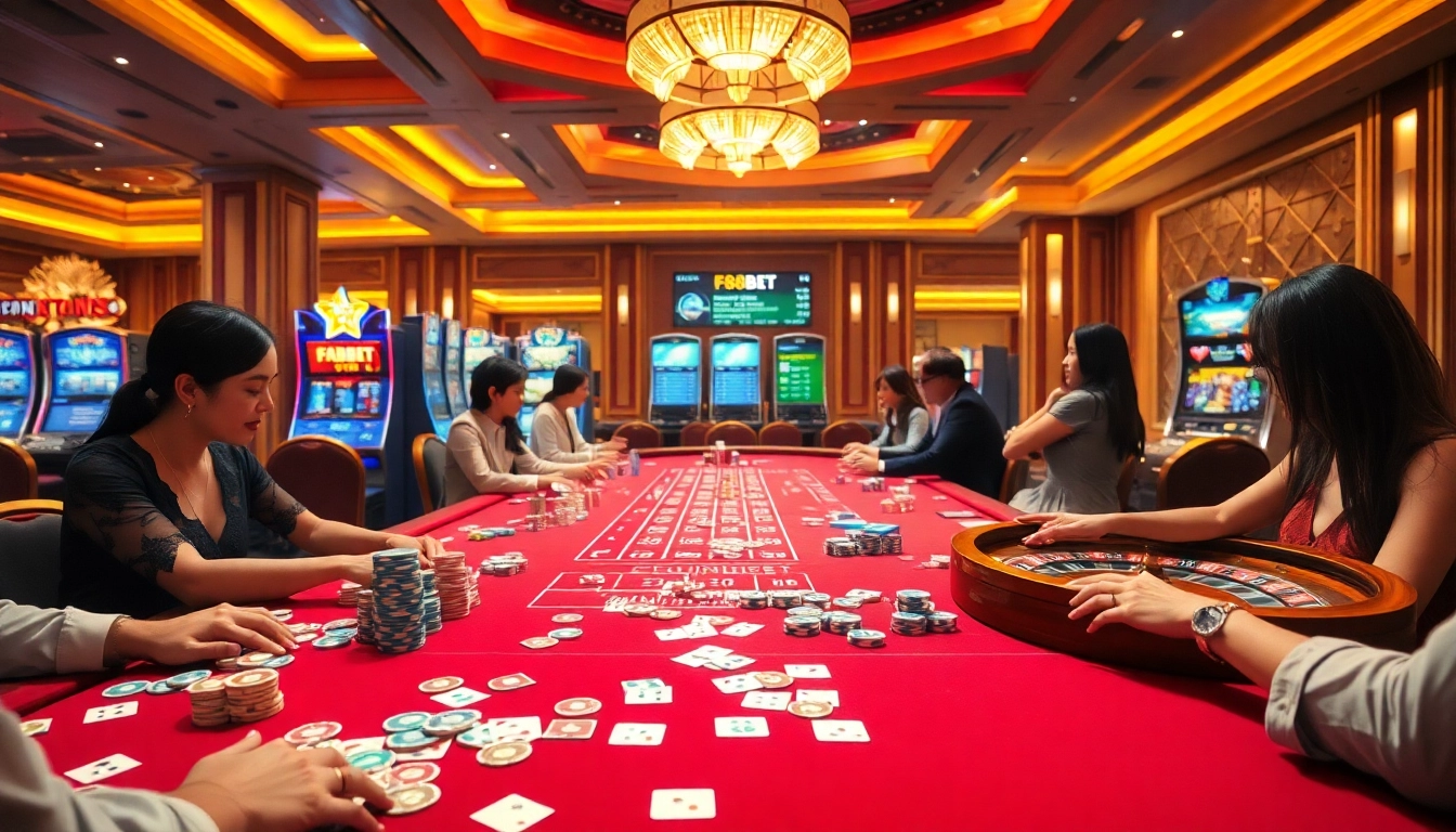 Exciting F88BET gaming table with colorful chips and cards in a luxurious casino setting.