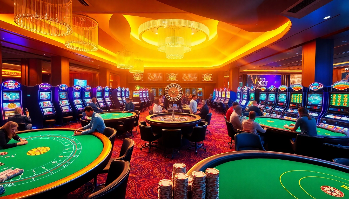 Engage in a thrilling game atmosphere at F8BET.COM with vibrant tables, spinning roulette wheels, and slot machines.