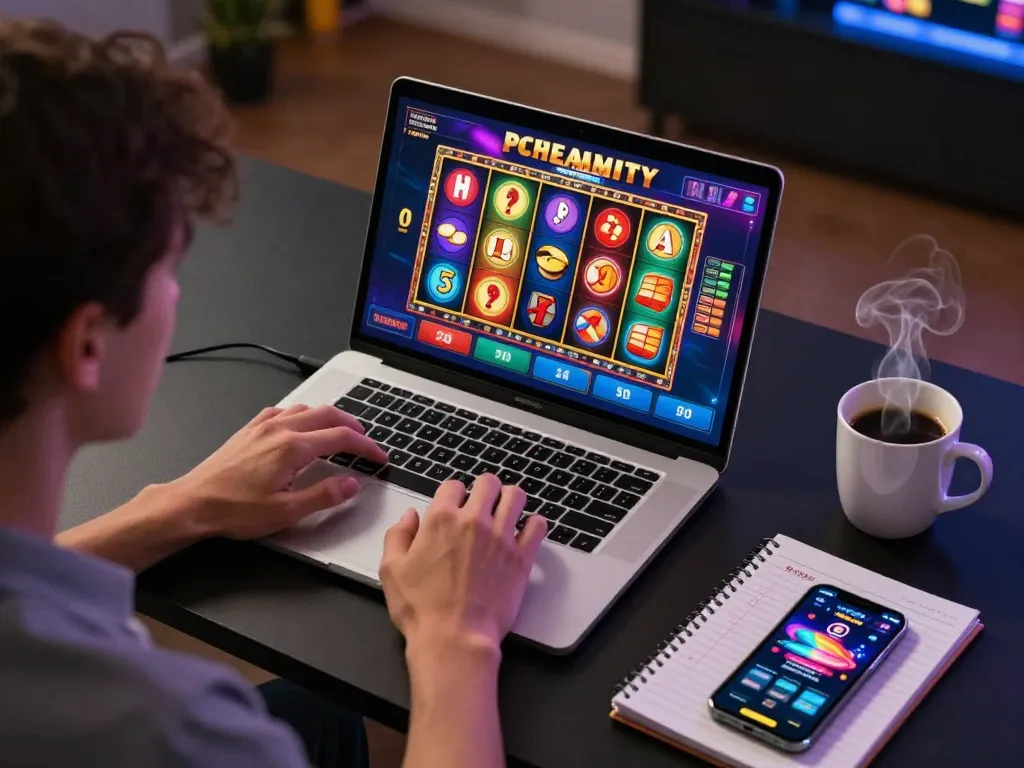 32win online gaming moment as a player spins colorful slots on a laptop while strategizing.